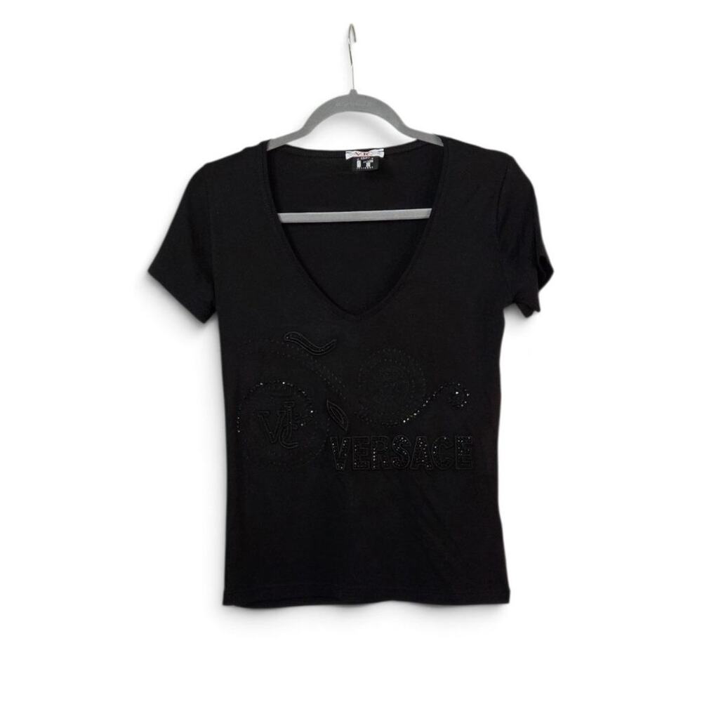 Versace Jeans Couture VJC Black V-Neck Tee Beaded Rhinestone Medusa Logo Sz L